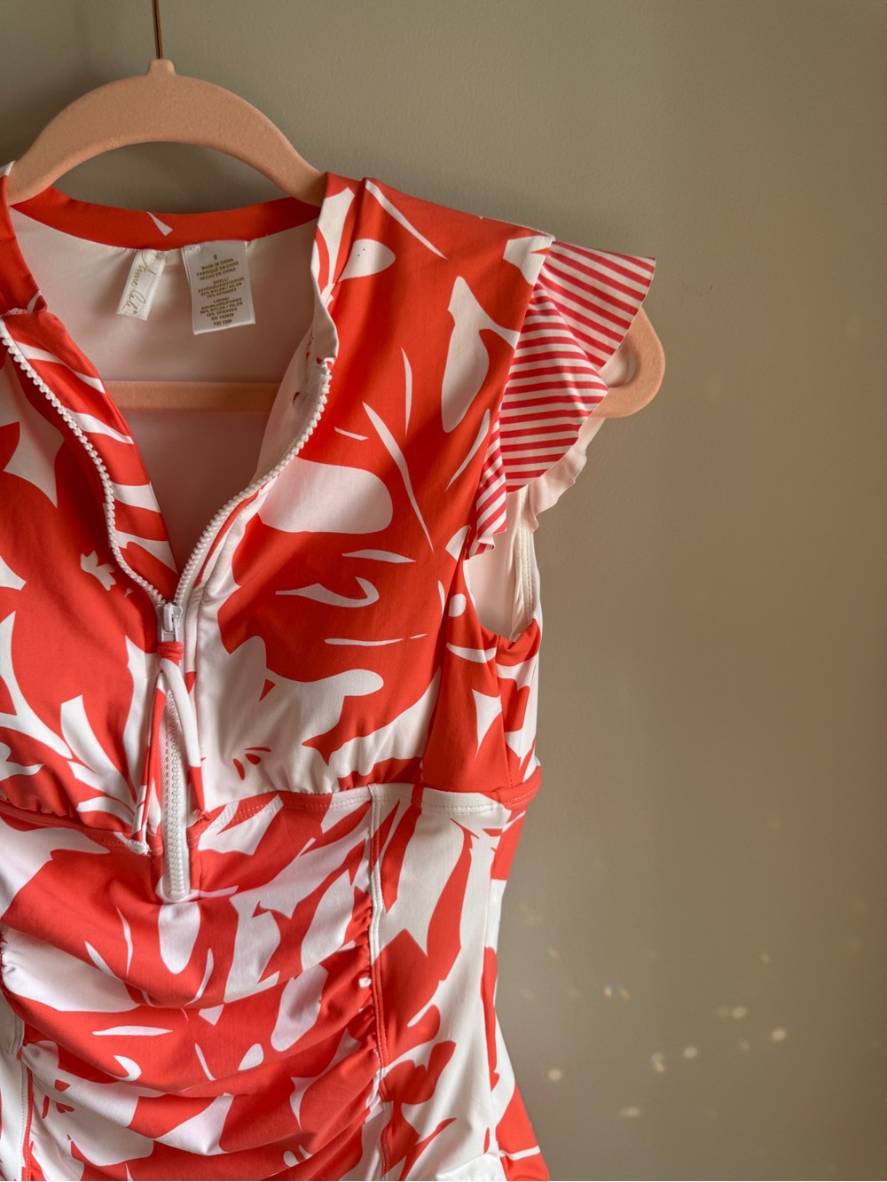Tropical Anne Cole Coral Swimsuit Zip Front Ruffle Sleeves Size 6 - Never Worn - Picture 6 of 9